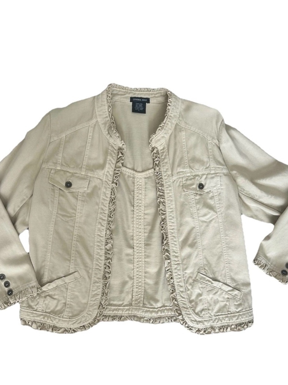 Cynthia Max Cream Ruffle-Trim Jean Jacket Sz PL